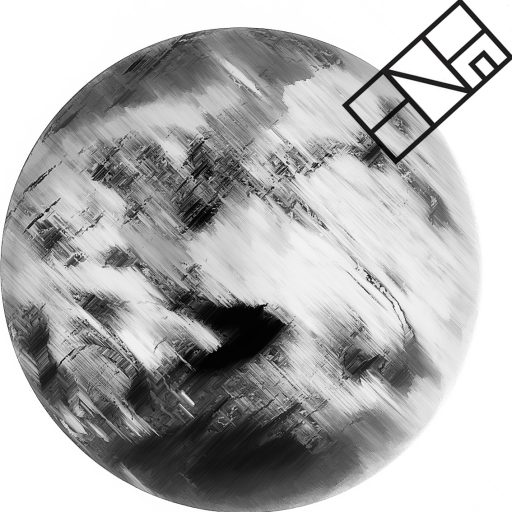 Abstract black and white illustration of a circular shape with a textured surface, featuring a logo or emblem in the top right corner.